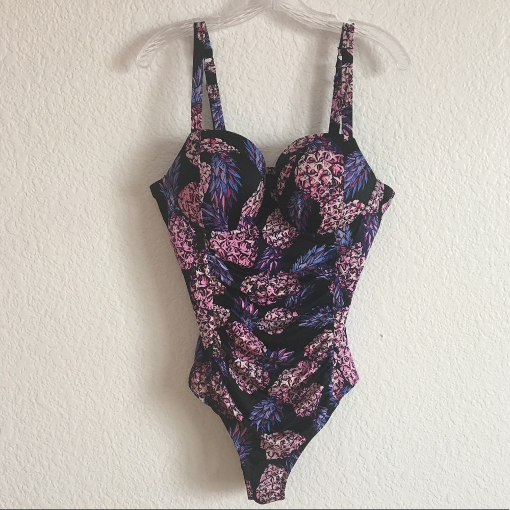 TORRID Black One-Piece Swimsuit with Pink Floral & Blue Leaf Accents
